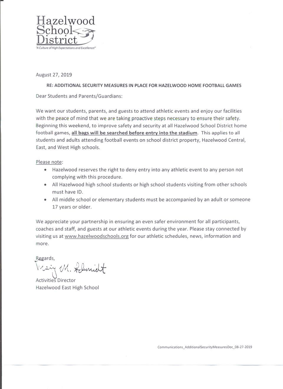 HSD Football Home Game Security Policy